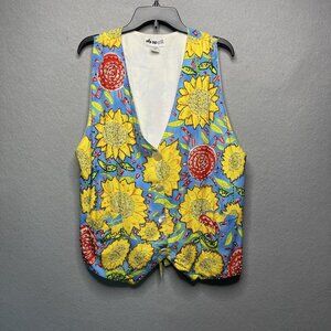 We-Be-Bop Womens 1X Blue Sunflower & Swirl Print Sleeveless Button-Down Vest